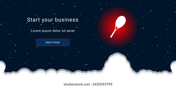 Business startup concept Landing page screen. The tennis racket symbol on the right is highlighted in bright red. Vector illustration on dark blue background with stars and curly clouds from below