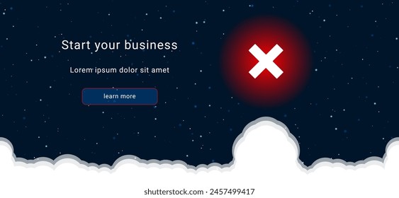 Business startup concept Landing page screen. The multiplication symbol on the right is highlighted in bright red. Vector illustration on dark blue background with stars and curly clouds from below