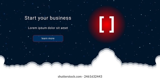Business startup concept Landing page screen. The square brackets symbol on the right is highlighted in bright red. Vector illustration on dark blue background with stars and curly clouds from below