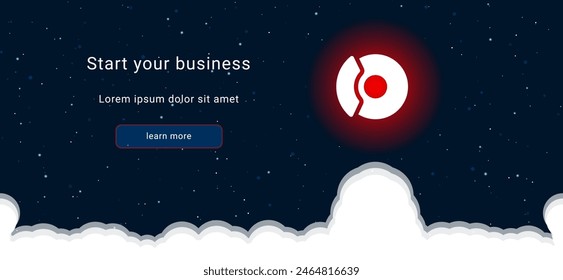 Business startup concept Landing page screen. The auto brakes on the right is highlighted in bright red. Vector illustration on dark blue background with stars and curly clouds from below