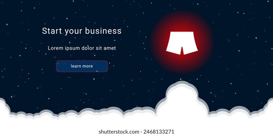 Business startup concept Landing page screen. The shorts symbol on the right is highlighted in bright red. Vector illustration on dark blue background with stars and curly clouds from below