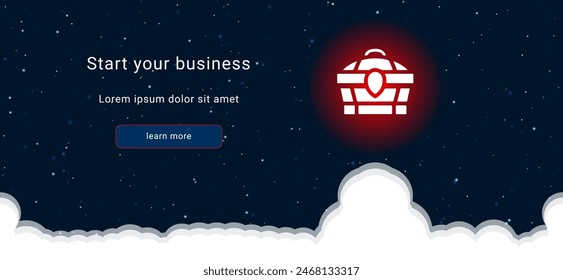 Business startup concept Landing page screen. The treasure chest symbol on the right is highlighted in bright red. Vector illustration on dark blue background with stars and curly clouds from below