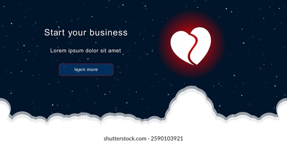 Business startup concept Landing page screen. The white two halves of a heart symbol on the right. Vector illustration on dark blue background with stars and curly clouds from below