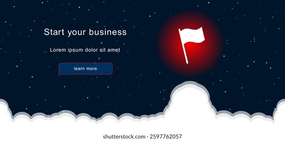 Business startup concept Landing page screen. The flag symbol on the right is highlighted in bright red. Vector illustration on dark blue background with stars and curly clouds from below