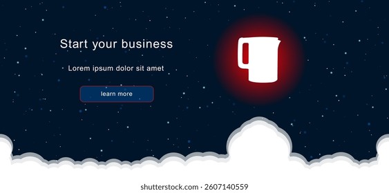 Business startup concept Landing page screen. The electric kettle symbol on the right is highlighted in bright red. Vector illustration on dark blue background with stars and curly clouds from below
