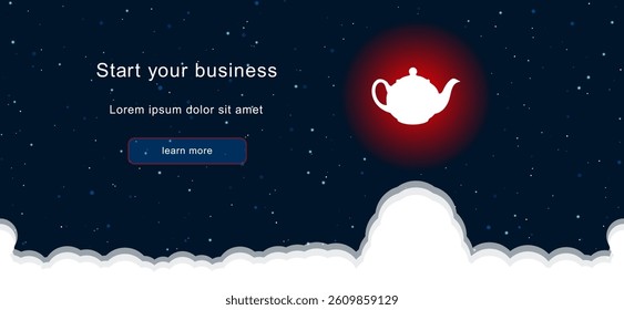 Business startup concept Landing page screen. The teapot for tea symbol on the right is highlighted in bright red. Vector illustration on dark blue background with stars and curly clouds from below