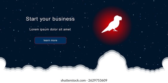 Business startup concept Landing page screen. The parrot symbol on the right is highlighted in bright red. Vector illustration on dark blue background with stars and curly clouds from below
