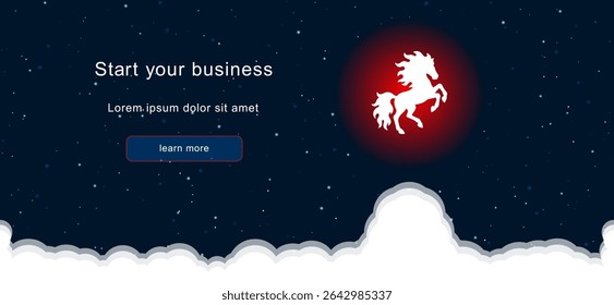 Business startup concept Landing page screen. The fiery horse symbol on the right is highlighted in bright red. Vector illustration on dark blue background with stars and curly clouds from below