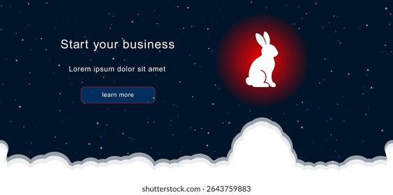 Business startup concept Landing page screen. The rabbit symbol on the right is highlighted in bright red. Vector illustration on dark blue background with stars and curly clouds from below