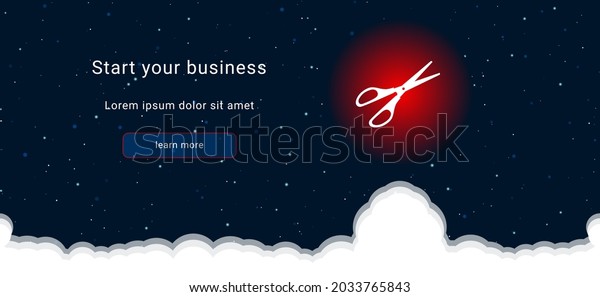 Business startup concept Landing page screen. The\
scissors symbol on the right is highlighted in bright red. Vector\
illustration on dark blue background with stars and curly clouds\
from below