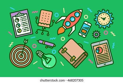 Business Startup Concept Line Art Bright Colors Illustration. Contemporary Trendy Vector Icons.