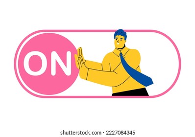 Business startup concept. Business man push sett ing button switch to on position. Flat vector illustration isolated on white background
