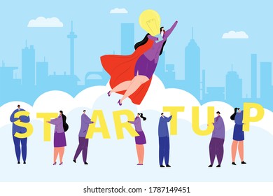 Business startup concept, man woman success work people vector illustration. Flat hero leader character with creative idea. Cartoon career design, background successful strategy solution.