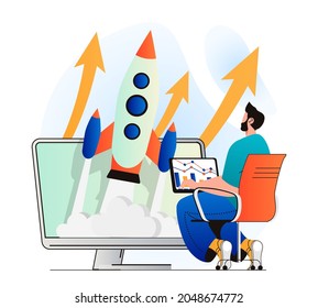 Concepto de emprendimiento empresarial en diseño plano moderno. El hombre lanza un nuevo proyecto en el mercado, analiza datos, estrategia y crecimiento de beneficios. Empresario trabajando en el desarrollo de su empresa. Ilustración del vector