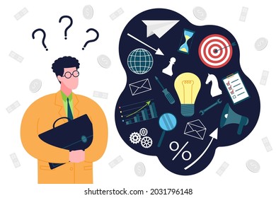 Business startup concept. A novice businessman is at a loss, plans and thinks how to start a business and put together all its elements. Organization of entrepreneurial activity at the initial stage.
