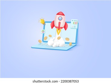 Business startup concept. on laptop Launching rocket 3d cartoon design. and modern technology concept. 3d render illustration