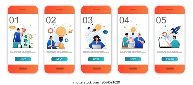 Business Startup Concept Onboarding Screens For Mobile App Templates. Success Launch New Project. Modern UI, UX, GUI Screens User Interface Kit With People Scenes For Web Design. Vector Illustration