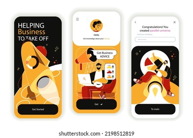 Business Startup Concept Onboarding Screens. New Project Launch, Company Development And Earnings Growth. UI, UX, GUI User Interface Kit With Flat People Scene. Vector Illustration For Web Design