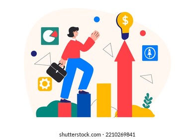 Business startup concept with people scene in the flat cartoon design. Girl confidently goes to success with her cool ideas. Vector illustration.