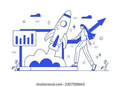 Business startup concept with people scene in the flat cartoon design. A girl watches the launch of her first startup. Vector illustration.