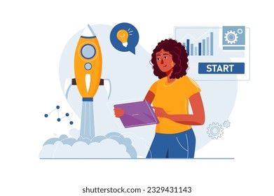 Business startup concept with people scene in the flat cartoon style. A businesswoman follows the development of her startup. Vector illustration.