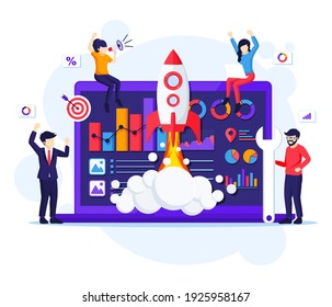 Business Startup concept, People working on the rocket launch. The development process, Innovation product, creative idea flat vector illustration