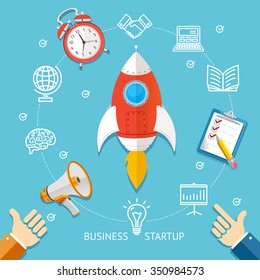 Concepto de inicio de negocios con el cohete. Diseño plano. Ilustración vectorial