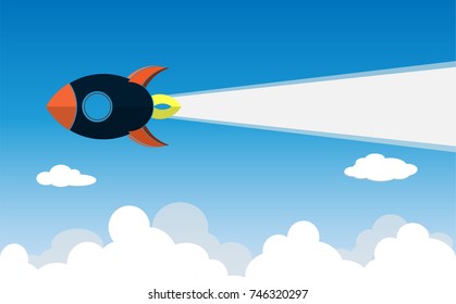 Business startup concept. rocket flying on clouds.