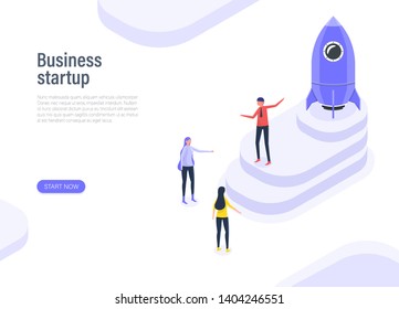 Business startup with concept of rocket. Isometric design. Vector illustration
