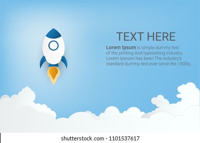 Business startup concept. Rocket launch on clouds and blue sky. Paper art style