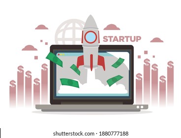 Business startup concept. Rocket launch out of the computer against money background. Flat vector illustration.