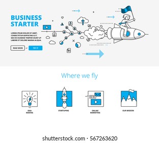 Business startup concept with rocket launch illustration. Linear infographic style banners for website.