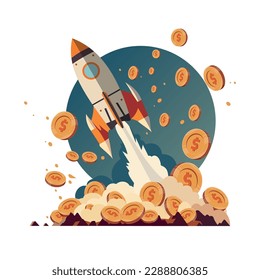 Business startup concept, Rocket launching from the ground with coin. Crowdfunding, crypto launchpad, incubator for you project. Illustration for landing page