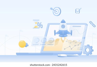 Business startup concept. Rocket launching and growing up. Successful business, data analysis, tactical planning, strategy management, goal and target. Flat vector design illustration with copy space.