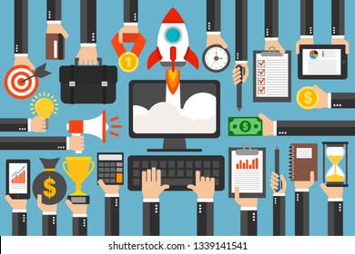 Business Startup concept with the rocket, online computer. Flat design.Vector illustration