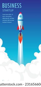 Business Startup Concept. Rocket space ship take off. Rocket launches in space flying. Vector illustration.