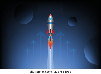 Business Startup Concept. Rocket space ship take off. Rocket launches in space flying. Vector illustration.