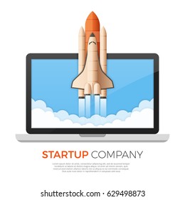 Business startup concept. Rocket or space shuttle launch. Vector illustration.