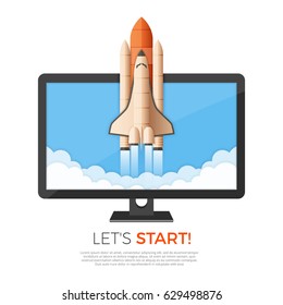 Business startup concept. Rocket or space shuttle launch. Vector illustration.