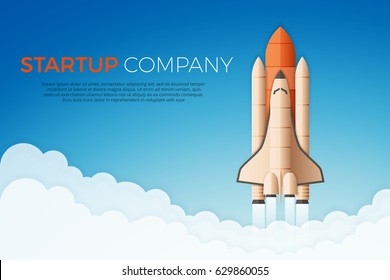 Business Startup Concept. Rocket Or Space Shuttle Launch. Vector Illustration.