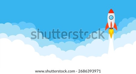 Business Startup Concept. Rocket space ship take off. Rocket launches in space flying. Vector illustration.