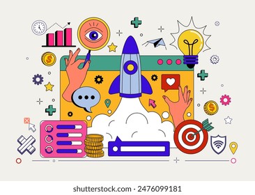 Business startup concept. Rocket start. Project development. Digital technology. Spaceship launch. Money infographic. Computer screen icon design. Marketing goal target. Vector finance tidy background