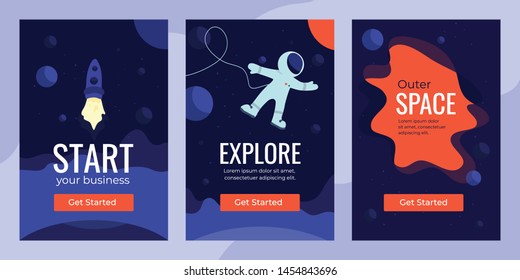 Business Startup concept with rocket. Vector Illustrations about launching product, astronaut in outer space, cosmos exploring. Banner templates with cosmonaut, planets, spaceship for advert, poster