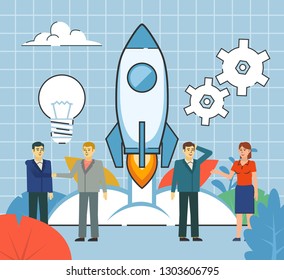 Business startup concept, start new project. People stand near space rocket takeoff, launch. Poster for social media, web page, banner, presentation. Flat design vector illustration