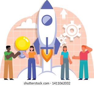 Business startup concept, start new project. People stand near space rocket takeoff, launch. Poster for social media, web page, banner, presentation. Flat design vector illustration
