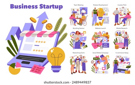 Business Startup concept. Steps for launching successful venture from team meetings, branding, to market research. Includes website launch and e-commerce setup. Vector illustration.