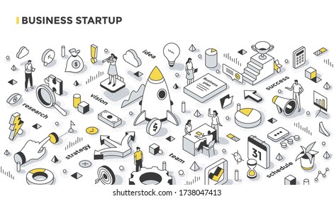 Business startup concept. Steps to start a new business: do research, create a plan, get the team ready, schedule actions, and promote your business. Isometric illustration