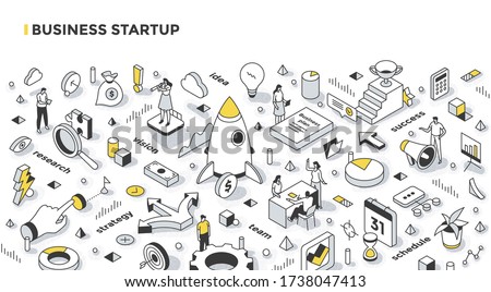 Business startup concept. Steps to start a new business: do research, create a plan, get the team ready, schedule actions, and promote your business. Isometric illustration