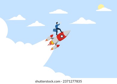 Business startup concept, Successful entrepreneurs start a business by riding a rocket that flies across the sky. project launch, goal achievement, flying rocket, business concept illustration.