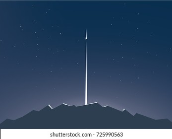 Fondo vectorial de concepto de inicio de negocio con espacio para texto o infografías. Vuelo de cohetes al espacio sobre el paisaje montañoso, innovación tecnológica, nuevo símbolo de negocio. Ilustración vectorial Eps10.